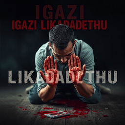 A powerful and emotional scene depicting a man kneeling on the ground, visibly distressed, with his hands covered in a substantial amount of blood, signifying a dramatic moment of turmoil or tragedy