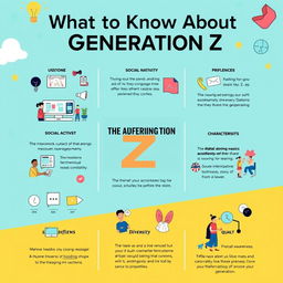 An informative and visually appealing infographic about Generation Z, highlighting key traits, characteristics, and influences that define this generation