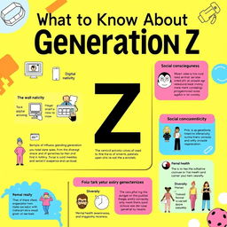 An informative and visually appealing infographic about Generation Z, highlighting key traits, characteristics, and influences that define this generation