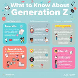 An informative and visually appealing infographic about Generation Z, highlighting key traits, characteristics, and influences that define this generation