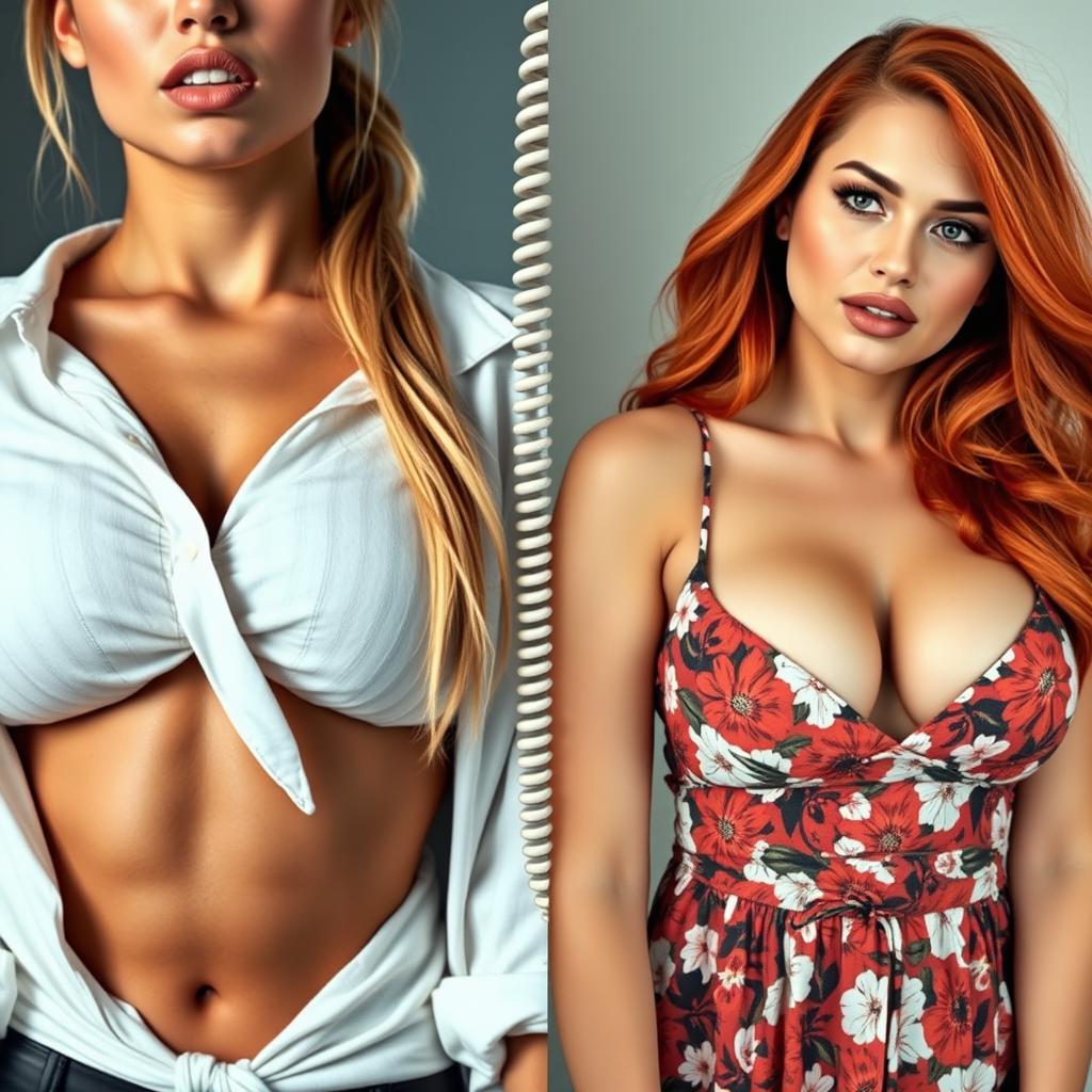 A split screen image featuring two close-up torso shots of two gorgeous females