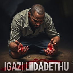 An emotionally charged scene illustrating a man kneeling on the ground, his hands stained with a considerable amount of blood, conveying a profound sense of despair and contemplation
