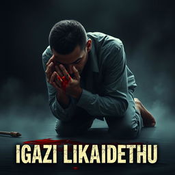 An emotionally charged scene illustrating a man kneeling on the ground, his hands stained with a considerable amount of blood, conveying a profound sense of despair and contemplation