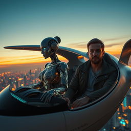 A futuristic scene featuring a robot woman with intricate, glowing tattoos that appear to be fading, sitting in a sleek, advanced flying car alongside a human man with a confident expression