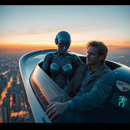 A futuristic scene featuring a robot woman with intricate, glowing tattoos that appear to be fading, sitting in a sleek, advanced flying car alongside a human man with a confident expression