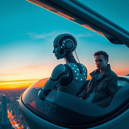 A futuristic scene featuring a robot woman with intricate, glowing tattoos that appear to be fading, sitting in a sleek, advanced flying car alongside a human man with a confident expression