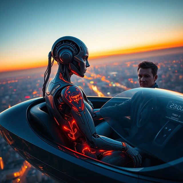 A futuristic scene featuring a robot woman with intricate, glowing tattoos that appear to be fading, sitting in a sleek, advanced flying car alongside a human man with a confident expression