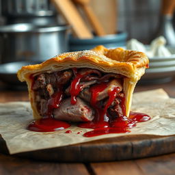 A realistic depiction of a slice of pie filled with raw meat, visibly dripping with bright red blood