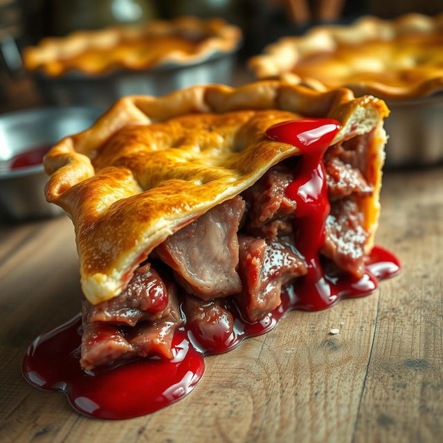 A realistic depiction of a slice of pie filled with raw meat, visibly dripping with bright red blood