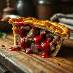 A realistic depiction of a slice of pie filled with raw meat, visibly dripping with bright red blood
