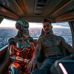 A captivating scene featuring a robot woman with intricate, glowing tattoos that are fading over her metallic skin, seated in a large, luxurious flying car