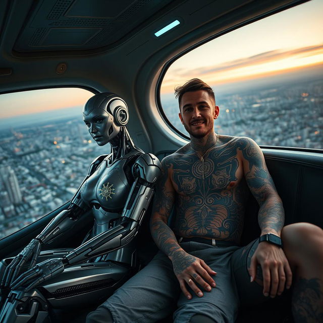 A captivating scene featuring a robot woman with intricate, glowing tattoos that are fading over her metallic skin, seated in a large, luxurious flying car