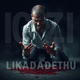 A dramatic and somber scene of a man kneeling on the ground, his hands smeared with a significant amount of blood, illustrating a moment of profound despair and reflection