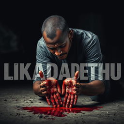 A dramatic and somber scene of a man kneeling on the ground, his hands smeared with a significant amount of blood, illustrating a moment of profound despair and reflection