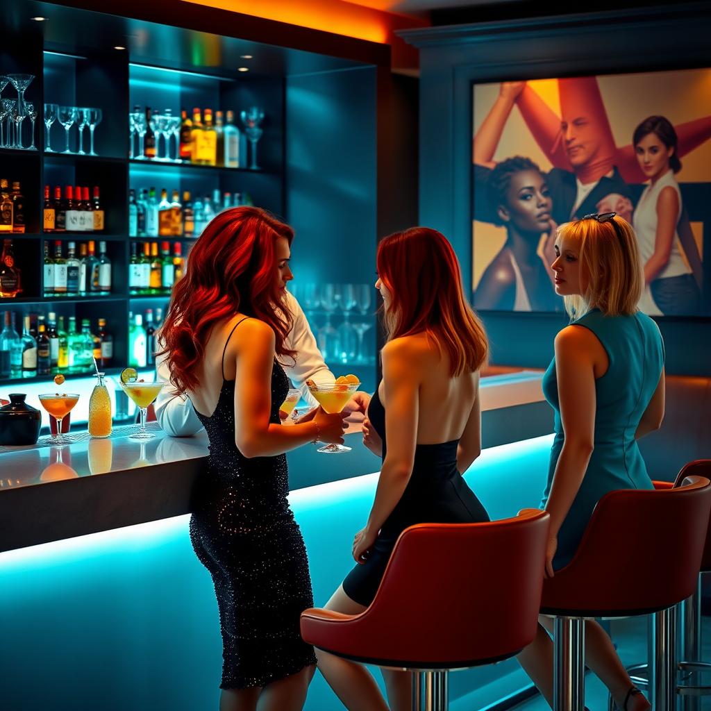 A stylish adult lounge scene featuring a sleek bar with elegant bar stools, dim lighting that sets a warm and inviting atmosphere
