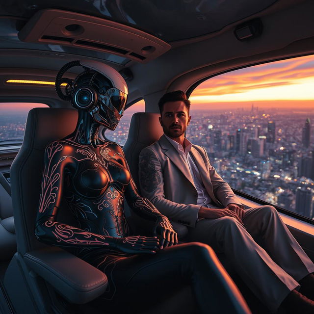 An intriguing scene showcasing a cyborg woman with complex, luminous tattoos that are fading across her metallic skin, sitting in a spacious, futuristic flying car