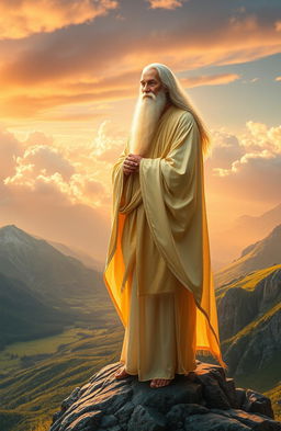 An ethereal representation of a serene Olympian sage, embodying wisdom and tranquility, standing atop a majestic mountain peak