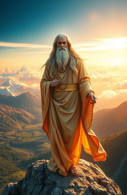An ethereal representation of a serene Olympian sage, embodying wisdom and tranquility, standing atop a majestic mountain peak