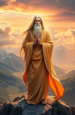 An ethereal representation of a serene Olympian sage, embodying wisdom and tranquility, standing atop a majestic mountain peak
