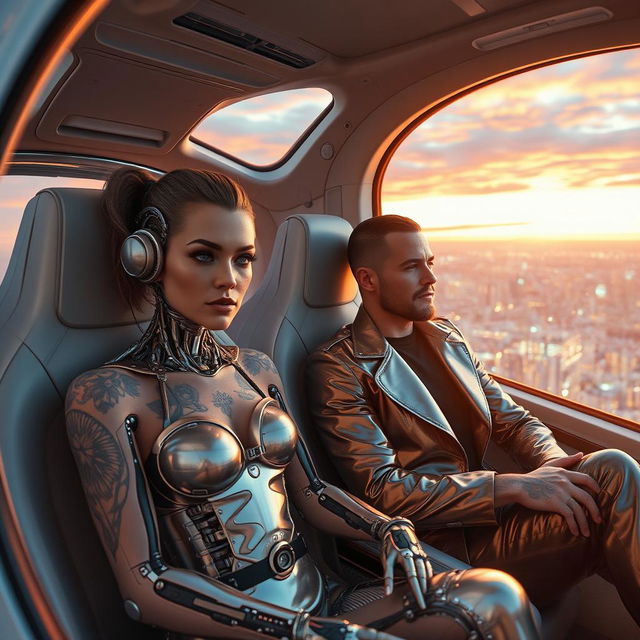 An intriguing scene capturing a half cyborg woman with a striking blend of organic and mechanical features, her fading tattoos adorned across her partially metallic skin, seated in a spacious, futuristic flying car