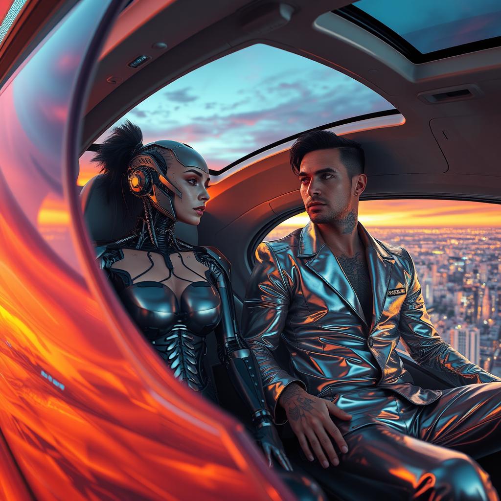 An intriguing scene capturing a half cyborg woman with a striking blend of organic and mechanical features, her fading tattoos adorned across her partially metallic skin, seated in a spacious, futuristic flying car