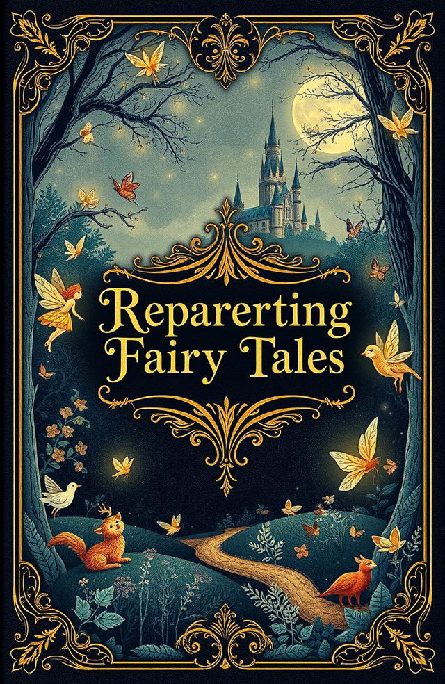 A beautifully illustrated book cover for a fairytale collection focused on reparenting, inspired by the classic covers of Grimm's Fairy Tales