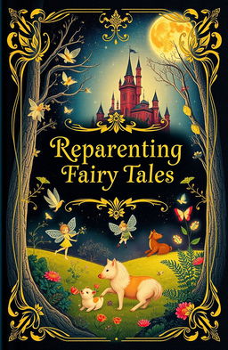 A beautifully illustrated book cover for a fairytale collection focused on reparenting, inspired by the classic covers of Grimm's Fairy Tales