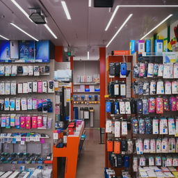 Inside view of a vibrant and well-organized phone accessories store, filled with diverse selection of phone cases, chargers, and earphones.