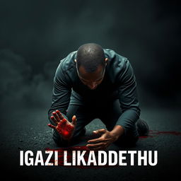 A powerful and evocative scene featuring a man kneeling on the ground, his hands covered in a substantial amount of blood, symbolizing deep emotional turmoil and conflict