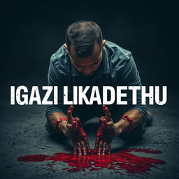 A powerful and evocative scene featuring a man kneeling on the ground, his hands covered in a substantial amount of blood, symbolizing deep emotional turmoil and conflict