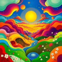 A stylized and surreal depiction of a vibrant and colorful abstract landscape, featuring bold colors and flowing shapes that give the impression of a dream-like realm