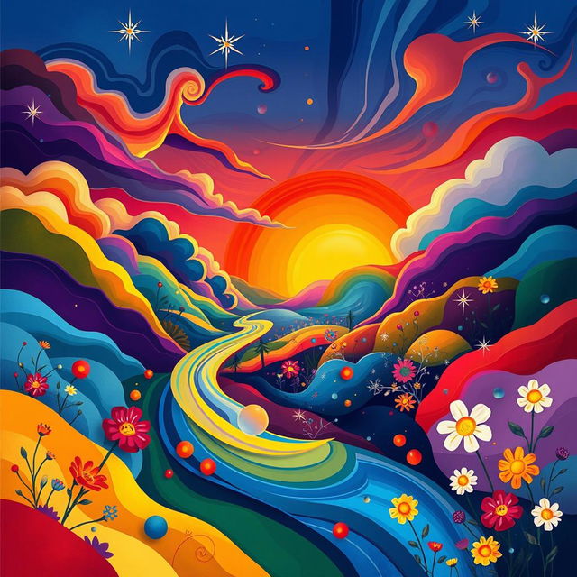 A stylized and surreal depiction of a vibrant and colorful abstract landscape, featuring bold colors and flowing shapes that give the impression of a dream-like realm