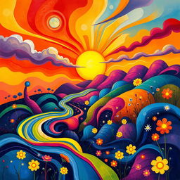 A stylized and surreal depiction of a vibrant and colorful abstract landscape, featuring bold colors and flowing shapes that give the impression of a dream-like realm