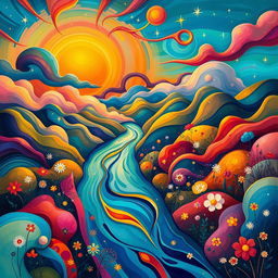 A stylized and surreal depiction of a vibrant and colorful abstract landscape, featuring bold colors and flowing shapes that give the impression of a dream-like realm
