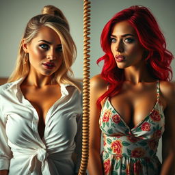 A split-screen image featuring two gorgeous women