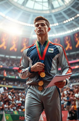 A dramatic and inspiring scene featuring a dedicated sportsman in the midst of a grand Olympic stadium, determinedly working to uncover and stop corruption during the awarding of medals