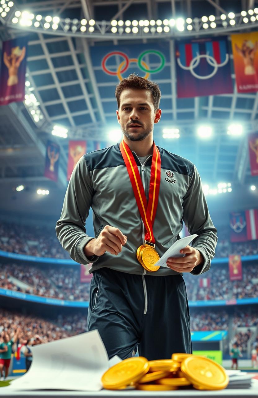 A dramatic and inspiring scene featuring a dedicated sportsman in the midst of a grand Olympic stadium, determinedly working to uncover and stop corruption during the awarding of medals