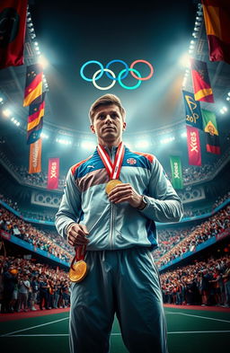 A dramatic and inspiring scene featuring a dedicated sportsman in the midst of a grand Olympic stadium, determinedly working to uncover and stop corruption during the awarding of medals