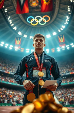A dramatic and inspiring scene featuring a dedicated sportsman in the midst of a grand Olympic stadium, determinedly working to uncover and stop corruption during the awarding of medals