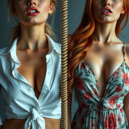 Split screen composition featuring two close-up torso shots