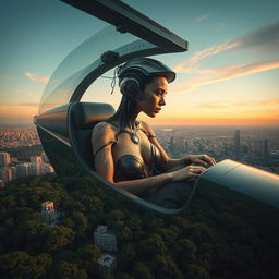 An enthralling scene featuring a half cyborg woman with a mesmerizing blend of organic and mechanical features, her fading tattoos elegantly tracing along her partially metallic skin, as she sits in a large, sophisticated flying car