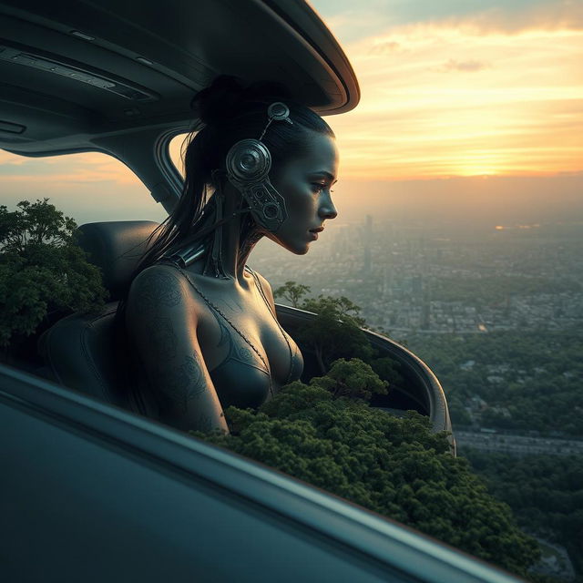 An enthralling scene featuring a half cyborg woman with a mesmerizing blend of organic and mechanical features, her fading tattoos elegantly tracing along her partially metallic skin, as she sits in a large, sophisticated flying car