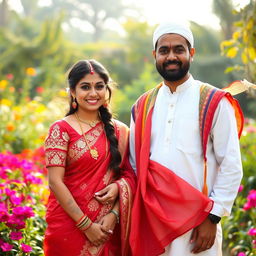 A beautiful Hindu girl wearing a traditional red saree adorned with intricate gold embroidery, and a Muslim man dressed in a crisp white kurta with a colorful shawl draped over his shoulder, standing together with radiant smiles in a lush garden filled with vibrant flowers and greenery