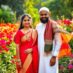 A beautiful Hindu girl wearing a traditional red saree adorned with intricate gold embroidery, and a Muslim man dressed in a crisp white kurta with a colorful shawl draped over his shoulder, standing together with radiant smiles in a lush garden filled with vibrant flowers and greenery