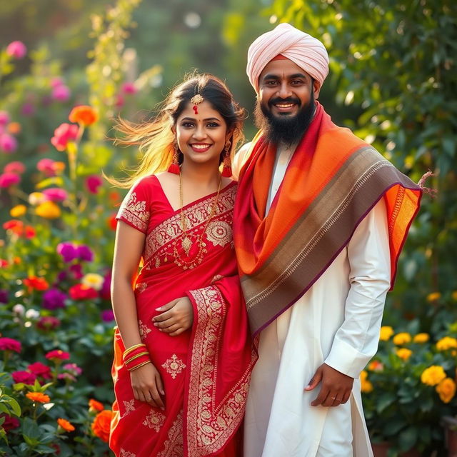 A beautiful Hindu girl wearing a traditional red saree adorned with intricate gold embroidery, and a Muslim man dressed in a crisp white kurta with a colorful shawl draped over his shoulder, standing together with radiant smiles in a lush garden filled with vibrant flowers and greenery