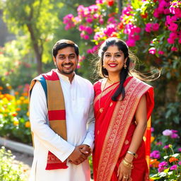 A beautiful Hindu girl wearing a traditional red saree adorned with intricate gold embroidery, and a Muslim man dressed in a crisp white kurta with a colorful shawl draped over his shoulder, standing together with radiant smiles in a lush garden filled with vibrant flowers and greenery