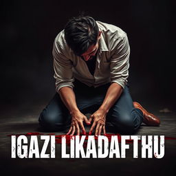 A dramatic scene depicting a male character kneeling on the ground with blood on his hands, showing a mixture of emotions like despair and anger