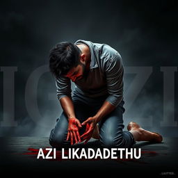 A dramatic scene depicting a male character kneeling on the ground with blood on his hands, showing a mixture of emotions like despair and anger