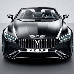 A luxury car with a glossy black finish and shimmering chrome accents, featuring a distinctive front grille adorned with the prominent V
