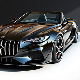A luxury car with a glossy black finish and shimmering chrome accents, featuring a distinctive front grille adorned with the prominent V